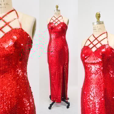 90s Vintage Red Sequin Dress Small// Vintage Red Sequin Prom Party Evening Gown Dress size Small  90s red Vixen Party Dress 