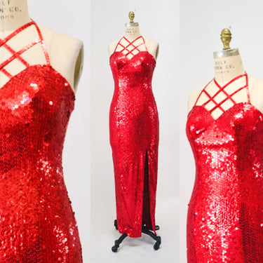 90s Vintage Red Sequin Dress Small// Vintage Red Sequin Prom Party Evening Gown Dress size Small  90s red Vixen Party Dress 