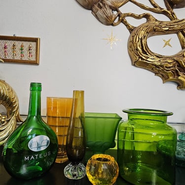 Modern Boho Green Glass Vase Bottle Set Decor Glassware 