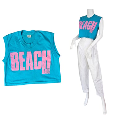 1980's Turquoise Blue Pink Beach Babe Graphic Cropped Muscle T Shirt I Tee I Sz Med I Single Stitch 