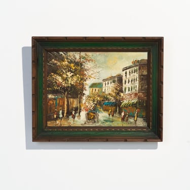 Vintage Mid-Century Impressionist European Streetscape Oil Painting // Original MCM Abstract City Street Scene on Canvas // Artist Signed 