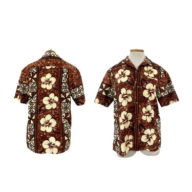 Vtg Vintage 1960s 60s Ui Maikai Original Hibiscus Brown Barkcloth Hawaiian Shirt 
