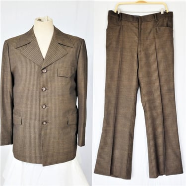 4 Button 1960's Olive Green Belted Back Flat Front Men's Suit I Sz 40" W: 34" I Hong Kong 