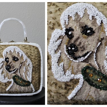 Vintage 1950's 60s Poodle purse dog Faye Mell Miami Beaded Wicker Handbag bag Lunch Pail Box Lucite Handles 