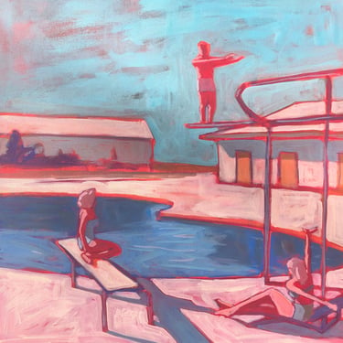 Pool #29 - Original Acrylic Painting on Deep Edge Canvas 20 x 20, retro, vintage, midcentury modern, woman, man, diving board, michael van 