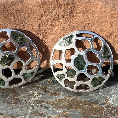 Miguel Melendez ~ Vintage Mexican Sterling Silver and Green Stone Round Clip On Earrings 