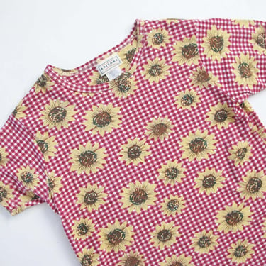 Vintage 90s Sunflower T Shirt S - 1990s Red Gingham Plaid Yellow Sunflower Crewneck Shirt 