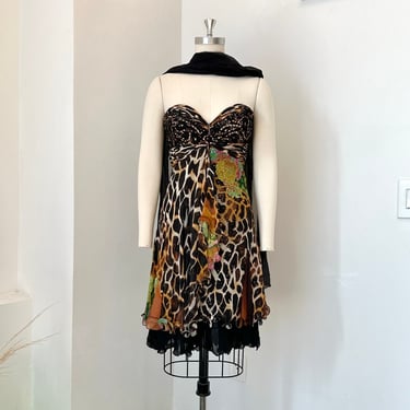 Vintage Y2k Dress / 2000s Diane Freis Leopard Print Silk Mini Dress / Brown ( small S ) 