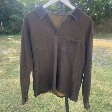 VTG Navy and Yellow Henley with Waffle Knit Collar