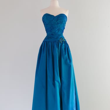 Vintage 1980's Iridescent Mermaid Blue Green Silk Evening Gown / Waist 28&quot;