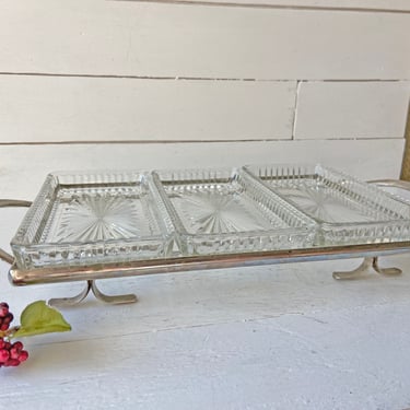 Vintage Clear Crystal Condiment Dish With Silver Tray Midcentury Relish Tray // Crystal Dinnerware // Perfect Gift 