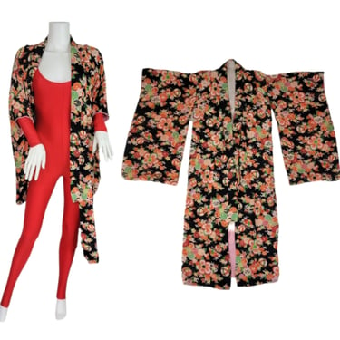 1960's Black Rayon Crepe Art Deco Print Floral Kimono Robe I Sz Med 