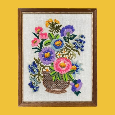 Vintage Floral Crewel 1970s Retro Size 15x12 Mid Century Modern + Homemade + Flowers in Pot Embroidery + Home and Wall Decor + MCM Fiber Art 