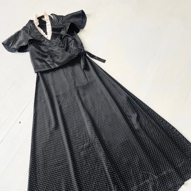1970s Dotted Black Halter Dress with Ruffled Neckline + Matching Jacket 