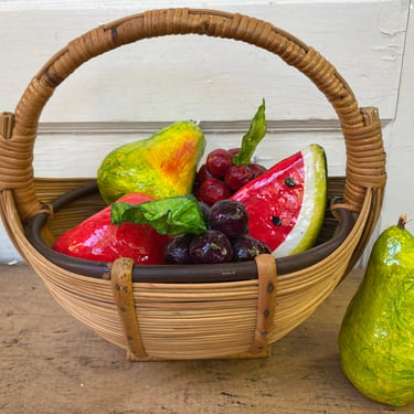 Gathering Basket With Fruit, Hand Made Fruit, Vintage, Centerpiece, Wicker Basket With Paper Mache Fruit 