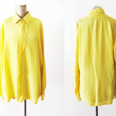Vintage 90s Lemon Yellow Silk Shirt L -1990s Oversized Silk Long Sleeve Button Up - 90s Clothing - Baggy Shirt - Minimalist 