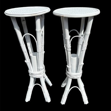 A pair of vintage white washed bamboo plant stands or small side tables 