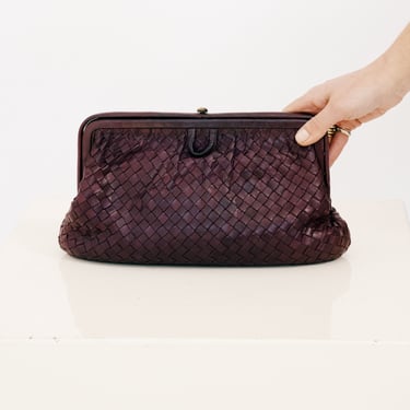 Vintage 80s Berry Leather Woven Clutch