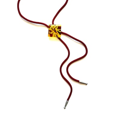 Vintage 70s Bolo Necklace Bamboo Gold Red Choker 1970s Silver Metal Tassel Adjustable Necklace 