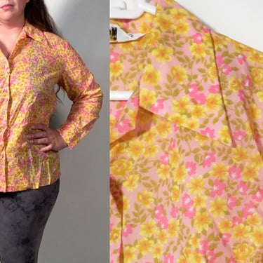 Vintage 60s/70s Plus Size Lightweight Floral Polyester Crepe Loop Collar Blouse Size XL 