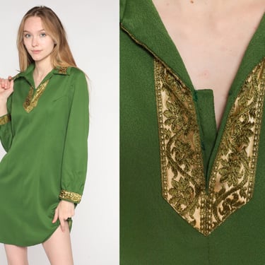 Olive Green Shift Dress 60s Mod Mini Dress 70s Gold Trim Metallic Dress Polyester Twiggy Dress Vintage 1960s Long Sleeve Collared Medium 