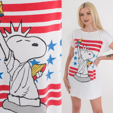 Snoopy T-Shirt 80s Peanuts Shirt Statue of Liberty Graphic Tee American Flag USA Longline Tunic Top Cap Sleeve Vintage 1980s Medium Large 