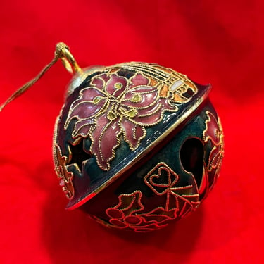 cloisonné poinsettia bell ornament vintage victorian enameling filigree Christmas decoration 