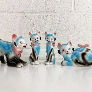 Vintage Blue Cat Cream & Sugar Set Salt Pepper Shakers Retro Kitsch Kitchen Japan Kitchen Creamer Pitcher Bowl Teal Pink 1950s 50s 