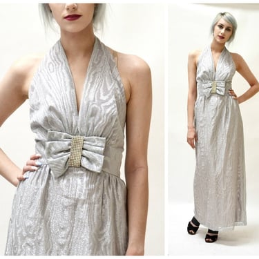 70s Vintage Silver Metallic Dress Evening Gown By Mike Benet Size small medium// Vintage Silver Metallic Gown Wedding Dress Halter Neck 