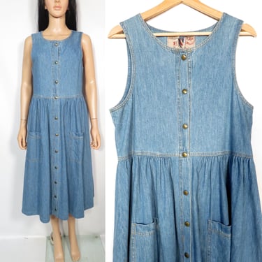 Vintage 90s Denim Snap Button Front Dress Made In USA Size S/M 