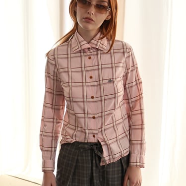 Vintage VIVIENNE WESTWOOD Red Label Pink Plaid Button Down with Orb Detail + Folder Collar sz 1 XS S Check White Purple 