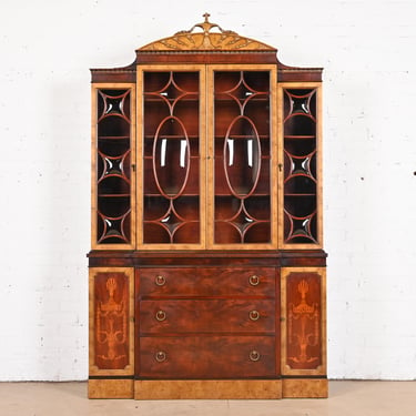 Romweber French Neoclassical Mahogany and Burl Wood Bubble Glass Breakfront Bookcase Cabinet, Circa 1930s