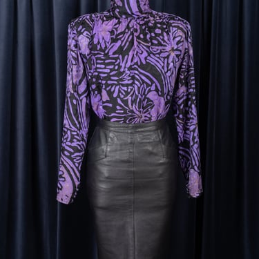Vintage Christian DIOR Silk High Neck Purple / Black Abstract Print Blouse 