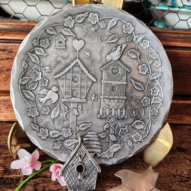 Vintage Garden Collection~Forged Metal Plate~Pewter Birdhouse Pendant & Handmade Brooch 