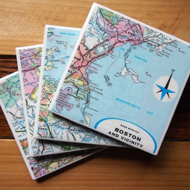 1975 Boston Massachusetts Map Coaster Set of 4. Boston Map. Vintage Massachusetts Gift. Housewarming Boston Coasters. Harvard Gift. 