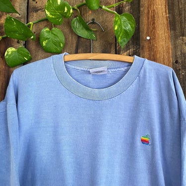 Vintage 90s Apple Emroidered Simple Logo Sky Blue T shirt single stitched Size XL 