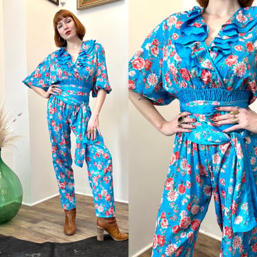 Vintage 1980s Jumpsuit / 80s Diane Freis Floral Jumpsuit / Blue ( medium M ) 