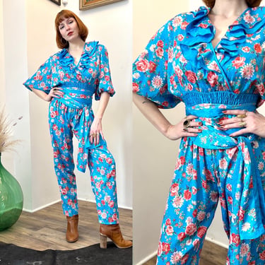Vintage 1980s Jumpsuit / 80s Diane Freis Floral Jumpsuit / | La