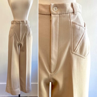 Vintage 70s Wide Leg Pants Trouser / BEIGE / High Waist + Front Patch Pockets + No Back Pockets / Maineline 
