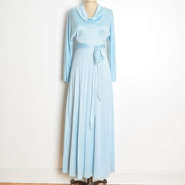 vintage 70s dress light blue draped cowl disco prom dress long maxi S belted clothing 