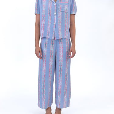 1940S Slumberjam Blue  Pink Rayon Striped Floral Print Top And Bottom Pajamas 