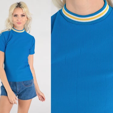 Blue Ringer Tee Shirt 70s Mod Top Ringer TShirt 1970s Mock Neck Blouse Boho Hippie T Shirt Bohemian Retro Polyester Vintage Extra Small xs 