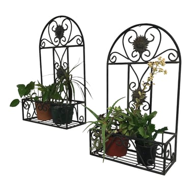 Pair of Vintage Iron Wall Planters | Suns & Scrolled Details | Architectural Statement Garden/ Home Decor 