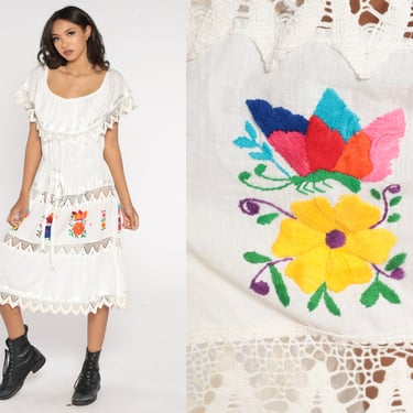 White Peasant Dress 90s Floral Mexican Embroidered Midi Dress Butterfly Crochet Sheer Bohemian Lace Tiered Vintage 1990s Cotton Large xl 