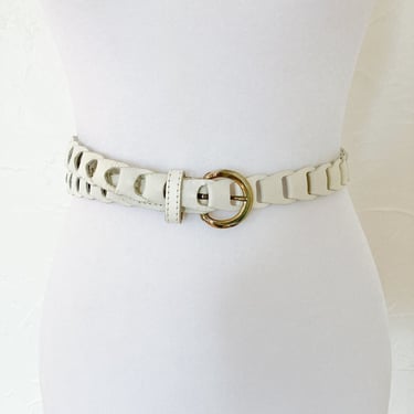 90s White Leather Woven Interlocking Belt with Silver Toned Buckle | Large/Extra Large 