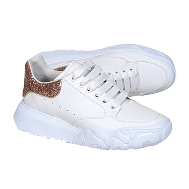 Alexander McQueen - White Leather Lace Up Sneakers w/ Rose Gold Detail  Sz 10