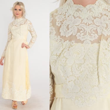 60s Wedding Dress Party Dress Cream Maxi Chiffon Lace Gown Long Sleeve High Neck Empire Waist Bridal Formal Prom Victorian Vintage 1960s XS 