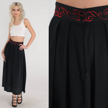 Black Midi Skirt 70s High Waisted Skirt Red Vine Embroidered A Line Gothic Pleated Long Witchy Bohemian Vintage 1970s Extra Small xs 25 