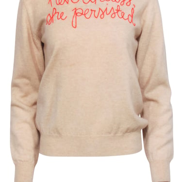 Lingua Franca - Beige Cashmere Sweater w/ Red Embroidered Script Sz S