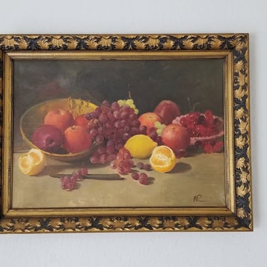 Vintage Fruit Still Life Oil on Canvas Painting, Signed 